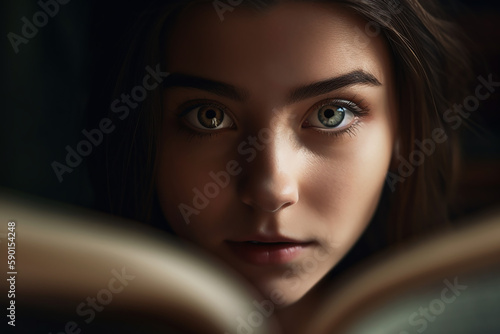 A young girl with beautiful eyes looking at you over the top of a book she is reading.  Generative AI. © Inge