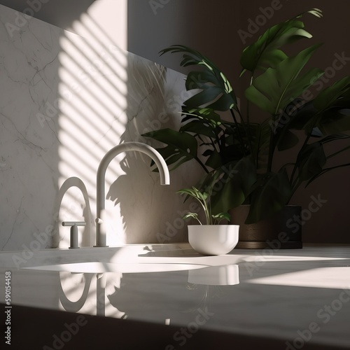 White round side table  bed  counter  and tropical plant in modern and luxury bedroom with sunlight and leaf shadow on granite tile wall for personal care and toiletries