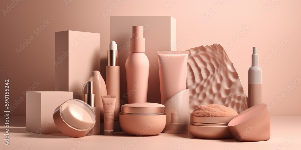 Cosmetic jars on a pink background, a space for your text. The concept of beauty and care. AI generated Cosmetic jars on a pink background, a space for your text. The concept of beauty and care. AI generated
