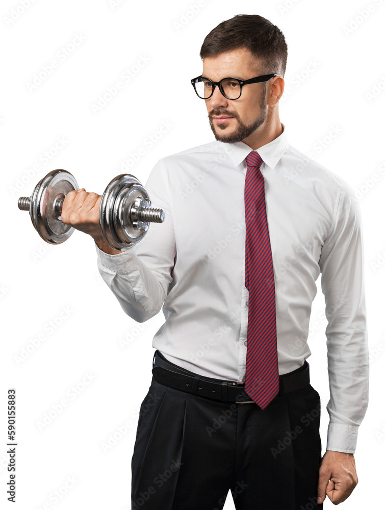 Naklejka premium Confident businessman with dumbbell isolated on white