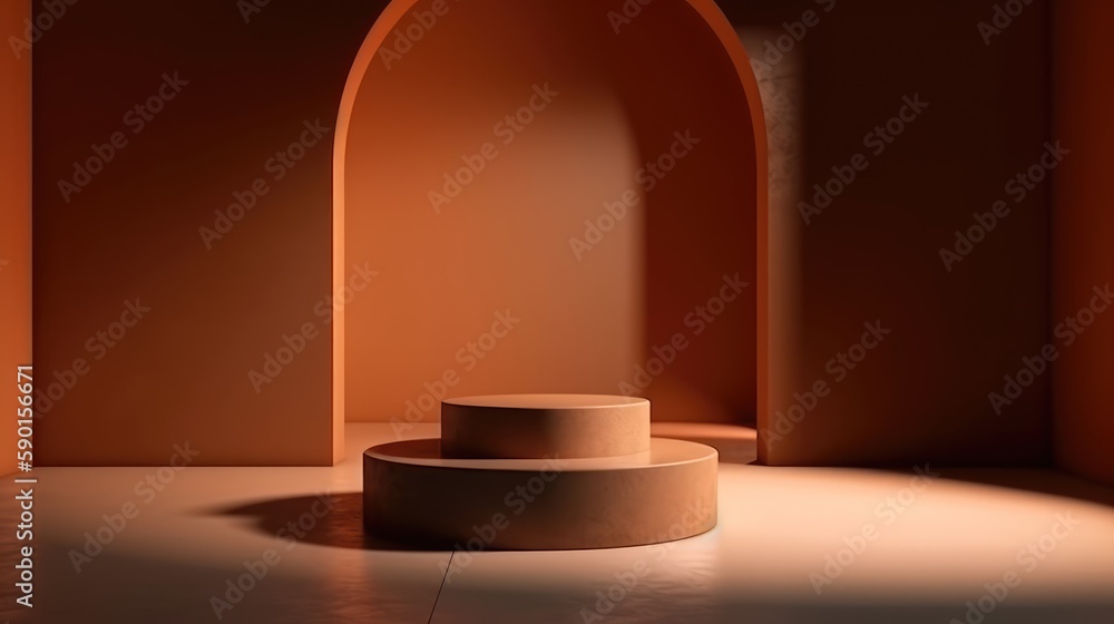 Minimal round podium for product demonstration on an orange background. AI generated Minimal round podium for product demonstration on an orange background. AI generated