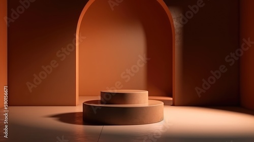 Minimal round podium for product demonstration on an orange background. AI generated
