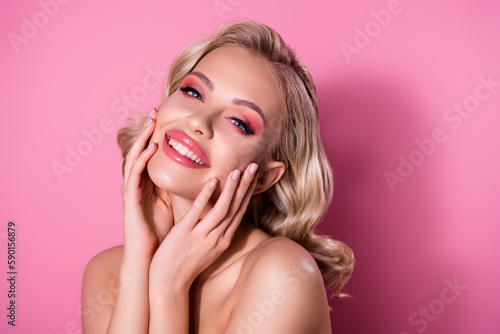 Studio professional portrait of joyful lady enjoy smooth skin procedure isolated pastel color background
