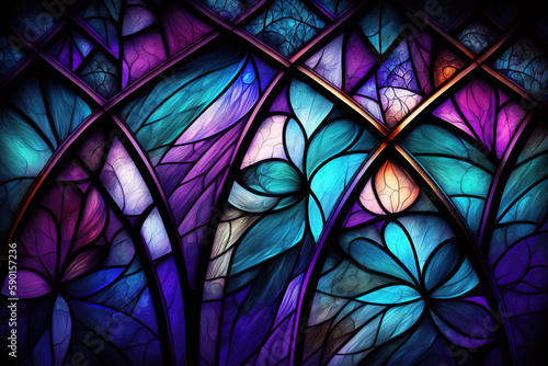 Multicolored stained glass window with irregular random block pattern. Generative illustration photo