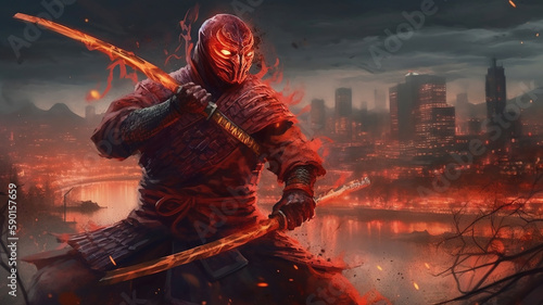 A samurai in a demonic red mask on the battlefield. Generative AI.