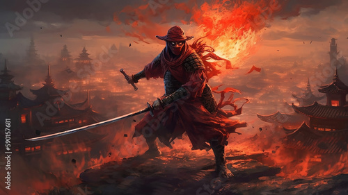 A samurai in a demonic red mask on the battlefield. Generative AI.