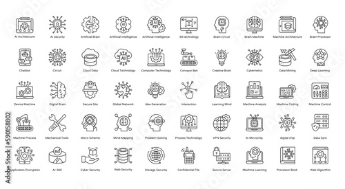 Machine Learning Thin Line Icons Artificial Intelligence Icon Set in Outline Style 50 Vector Icons in Black
