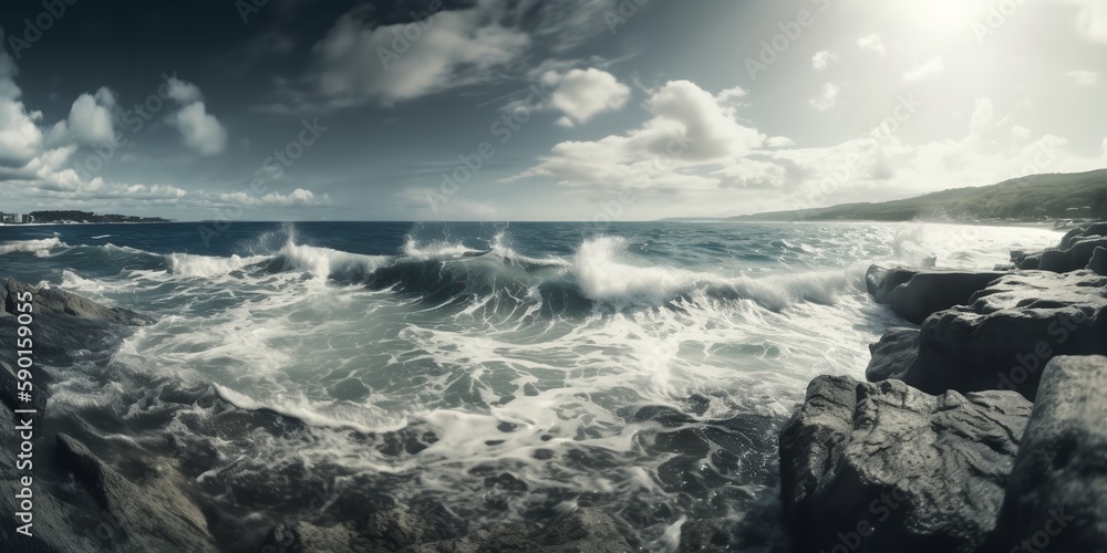 Rocks by the sea. Coastline landscape and seascape with dramatic cliffs. Beauty of nature concept background. Breathtaking summer seascape. Background. Generative AI Rocks by the sea. Coastline landscape and seascape with dramatic cliffs. Beauty of nature concept background. Breathtaking summer seascape. Background. Generative AI
