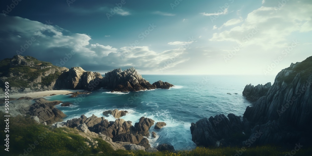 Obraz premium Rocks by the sea. Coastline landscape and seascape with dramatic cliffs. Beauty of nature concept background. Breathtaking summer seascape. Background. Generative AI