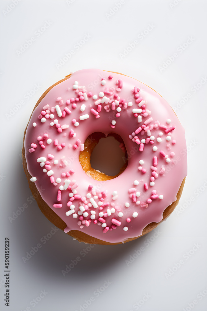 Close up of a single pink donut, white background with cinematic lighting AI concept Close up of a single pink donut, white background with cinematic lighting AI concept