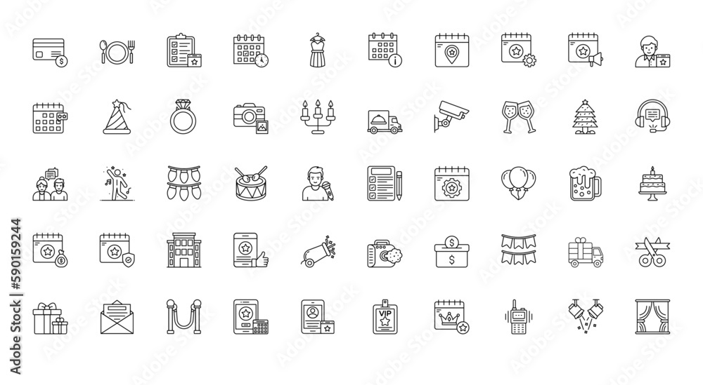 Event Management Thin Line Icons VIP Festival Icon Set in Outline Style 50 Vector Icons in Black Event Management Thin Line Icons VIP Festival Icon Set in Outline Style 50 Vector Icons in Black