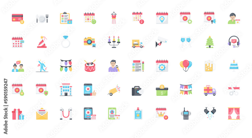 Event Management Flat Icons VIP Festival Icon Set in Color Style 50 Vector Icons Event Management Flat Icons VIP Festival Icon Set in Color Style 50 Vector Icons