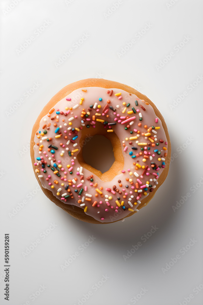 Close up of a single multicolour donut, white background with cinematic lighting AI concept Close up of a single multicolour donut, white background with cinematic lighting AI concept