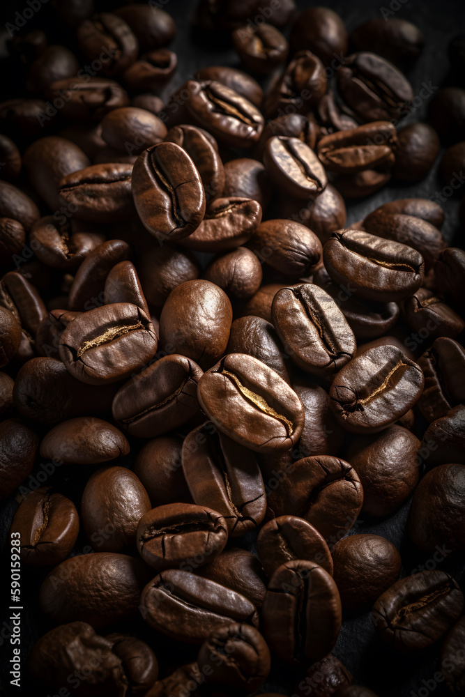 Close up of group of coffee beans with cinematic lighting AI concept Close up of group of coffee beans with cinematic lighting AI concept