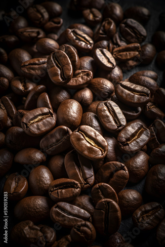 Close up of group of coffee beans with cinematic lighting AI concept