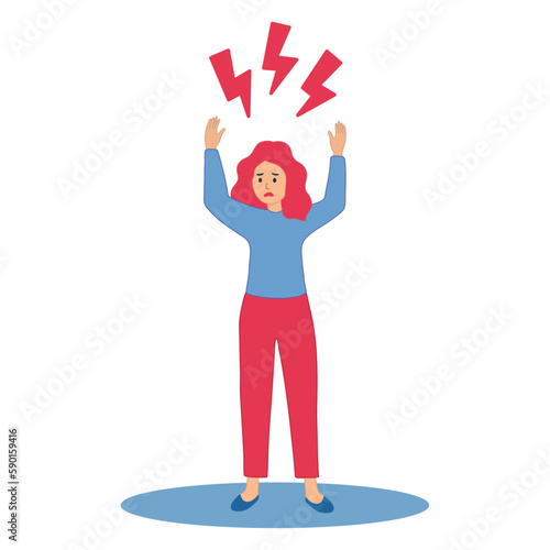 A young woman holds up her hands and screams in rage. Angry girl with flying lightnings over her head isolated on white background. Vector