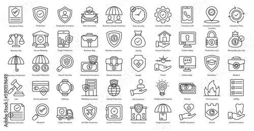Insurance Thin Line Icons Protection Business Health Icon Set in Outline Style 50 Vector Icons in Black