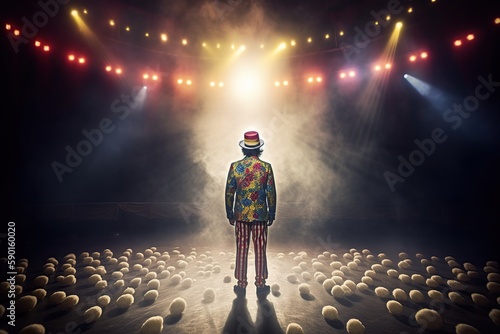 Fictional clown on stage under spotlights made with generative AI photo