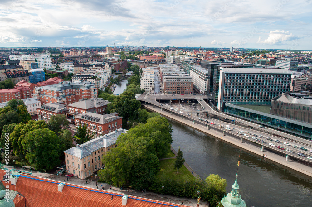 Stockholm, Sweden - July 20, 2015: The capital of Sweden with modern buildings, roads and lots of sea canals.