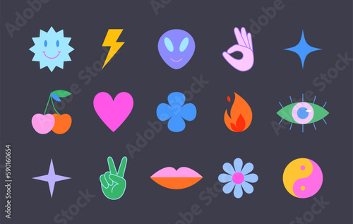 Vector set of colorful fun patches,stickers,geometric shapes in 90s style.Abstract icons or symbols in y2k aesthetic.Trendy design elements for banners,social media marketing,branding,packaging,covers