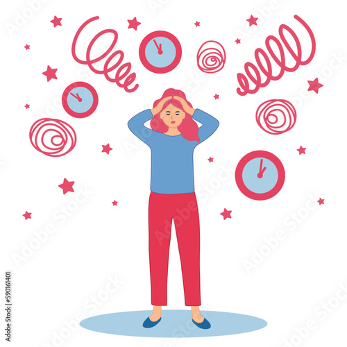 Lack of time. Man  stretches his hand to flying clock, employee tries to have time to complete project by deadline. Bad time management and lazy character. cartoon flat vector illustration
