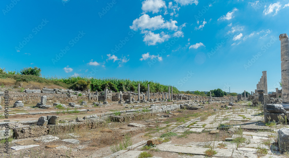 Street with columns in the ancient city of Perge. Ruins of the ancient city.