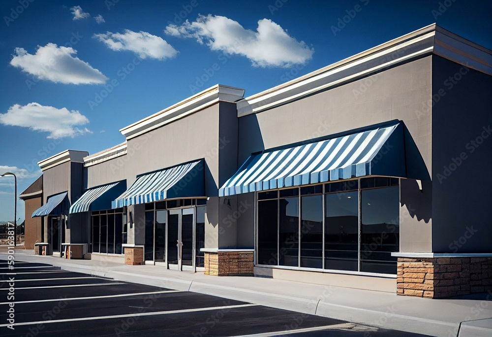 Freshly Built Strip Mall In USA With Blue Awnings And Empty Storefronts freshly-built-strip-mall-in-usa-with-blue-awnings-and-empty-storefronts