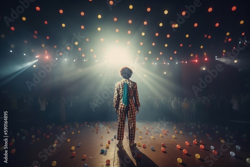 Fictional clown on stage under spotlights made with generative AI photo