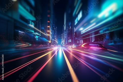 Speed Motion Blur Effect And Racing Circuit Illuminated By Neon Light In The Futuristic City, Made Using Generative Ai