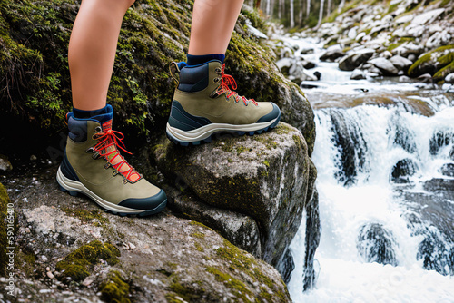 A close-up of a hiker's trekking shoes crossing a mountainous area near a waterfall. Generative AI. © Budjak Studio