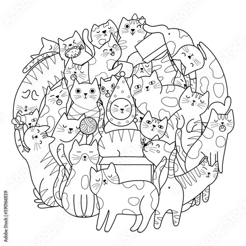 Funny doodle cats circle shape coloring page. Cute mandala with funny feline animals for coloring book. Outline background. Vector illustration