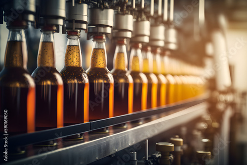 Glass bottles side by side on a conveyor belt  photo of automatisation and advancing technology - generative ai