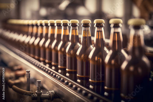 Glass bottles side by side on a conveyor belt  photo of automatisation and advancing technology - generative ai