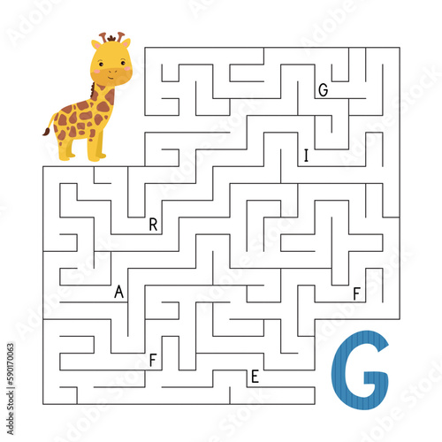 ABC maze game. Educational puzzle for children. Labyrinth with letters. Help giraffe find right way to the letter G. Printable activity worksheet. Learn English language. Vector illustration.
