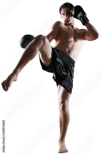 Male Boxer , Kickboxer Performing a Kick