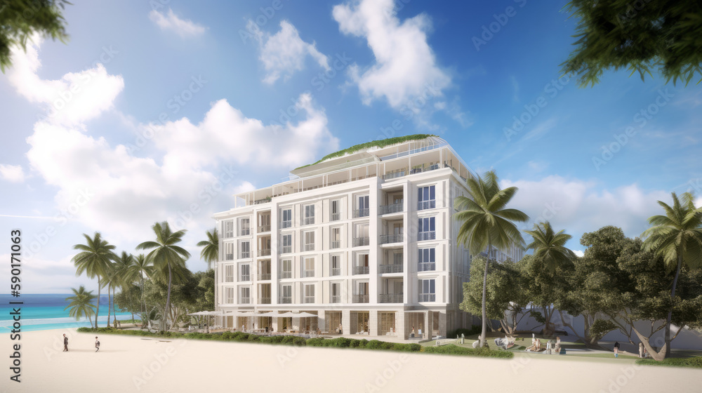 Hotel on the beach in barbados in modern style, generative ai