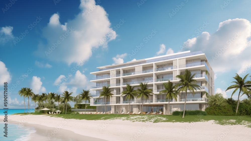 Hotel on the beach in barbados in modern style, generative ai