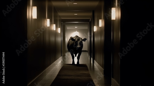 A bull walking down in a corridor, generative ai