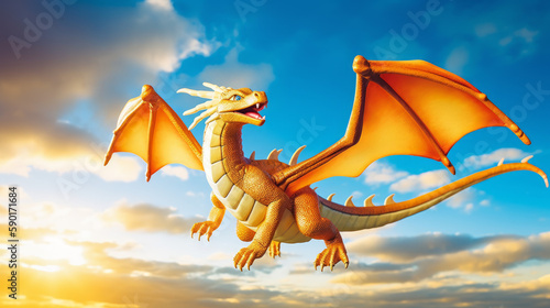 Majestatic gold dragon on a blue sky with clouds  flying gold dragon  generative ai
