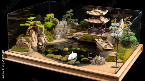 Close up model of a japan garden with lake  bridge and buildings  generative ai