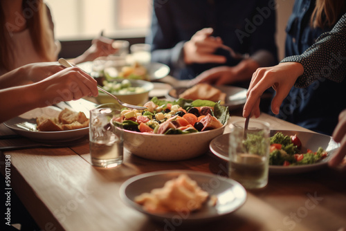 Picture of people enjoying a healthy meal together, World health day, bokeh Generative AI