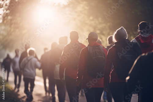 Picture of a group of people participating in a charity walk or run, World health day, bokeh Generative AI