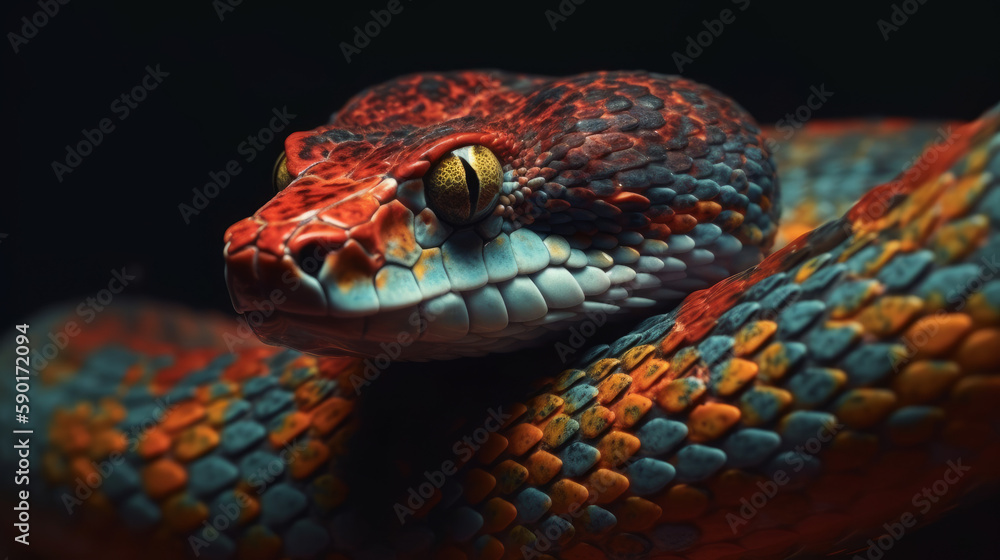 Fototapeta premium Red and blue snake portrait in dark, generative ai