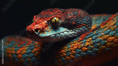Red and blue snake portrait in dark, generative ai © TheGoldTiger