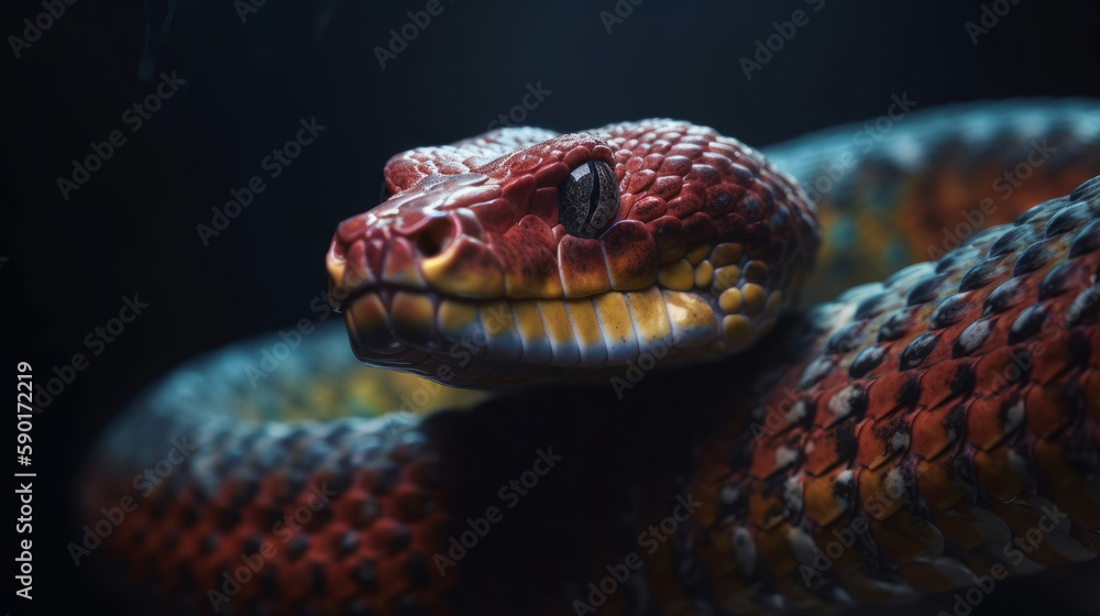 Red and blue snake portrait in dark, generative ai Red and blue snake portrait in dark, generative ai