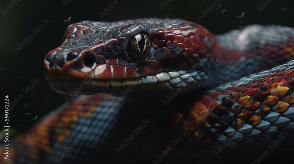 Red and blue snake portrait in dark, generative ai Red and blue snake portrait in dark, generative ai