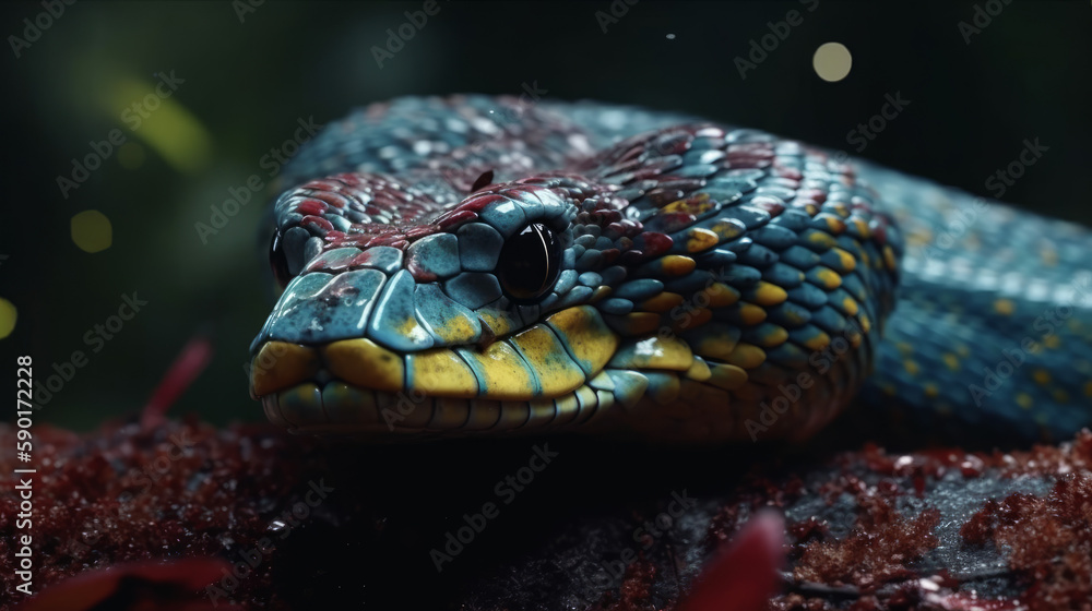 Red and blue snake portrait in dark, generative ai Red and blue snake portrait in dark, generative ai