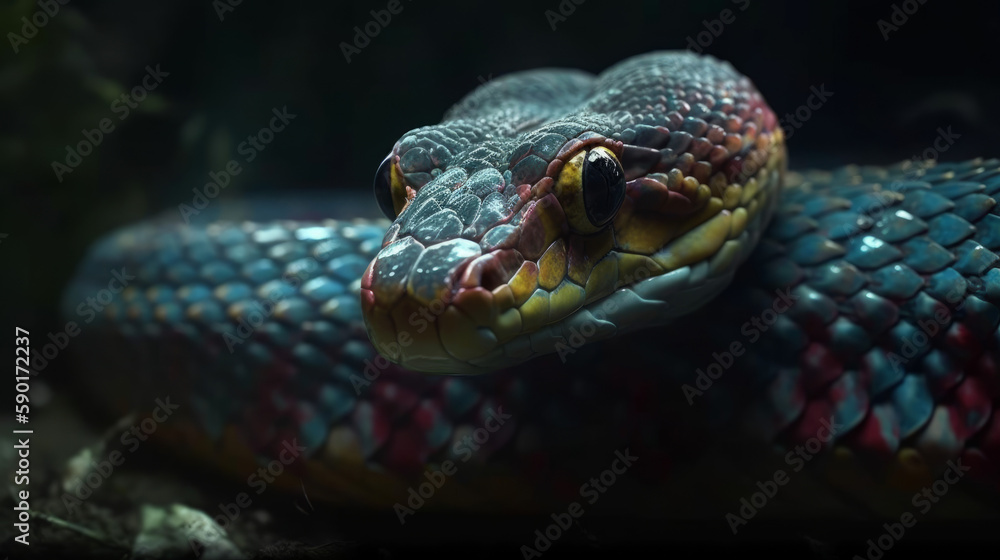 Fototapeta premium Red and blue snake portrait in dark, generative ai