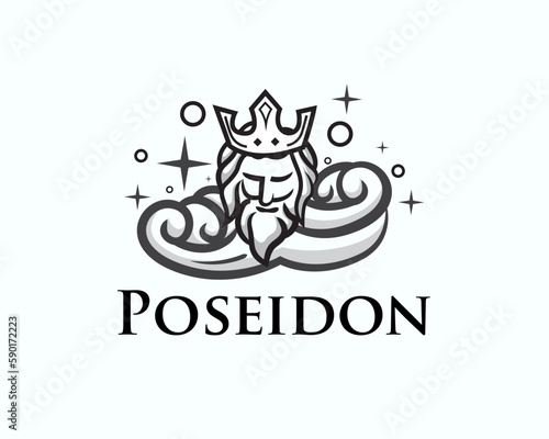 Poseidon head with crown on wave logo template illustration inspiration