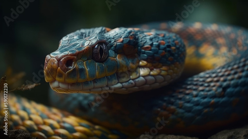 Red and blue snake portrait in dark, generative ai